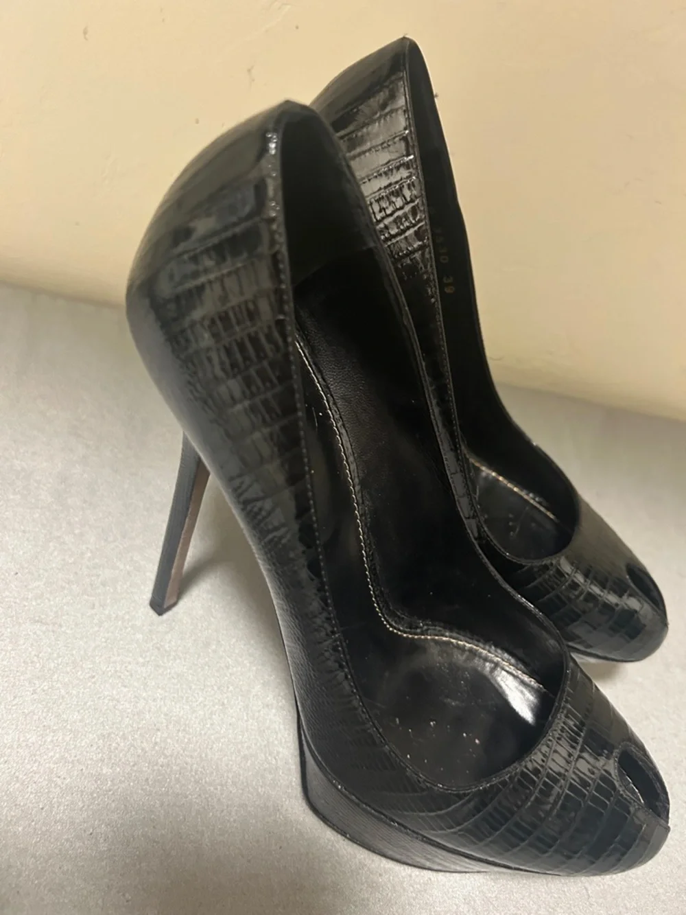 Sergio Rossi Black Patent Croc-Embossed Peep-Toe Heels